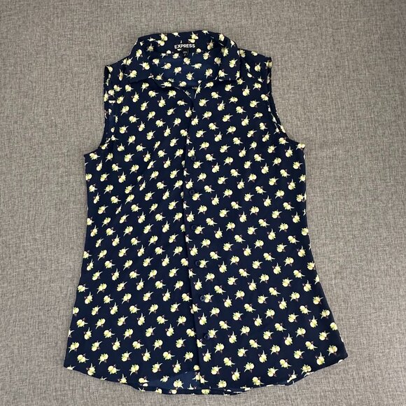 Express Button Down Top Sleeveless Navy Blue Yellow Lemons XS Lightweight Collar - Picture 1 of 10